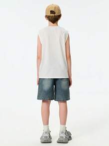 SHEIN 2件套 青少年男童休闲街头字母星星印花上衣配牛仔短裤 - 白色 - 查看 2