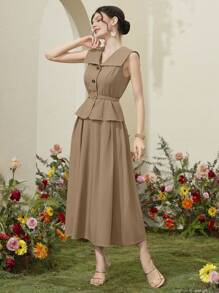 Modelyn 女士优雅两件套，包含一件前扣无袖上衣和一条飘逸的裙子 2 件套