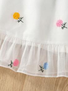 SHEIN Vintaside Kids 女婴花卉图案薄纱吊带连衣裙，可爱休闲海滩度假夏季服装 - 白色 - 查看 5