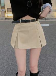 DAZY 女士纯色休闲 A 字裙，简约时尚，适合日常穿着 - 杏色 - 查看 3