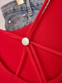 Chiquease Women Crew Neck Hollow Back Drawstring Decoration Button Crop Short Sleeve Knit Top, Spring/Summer