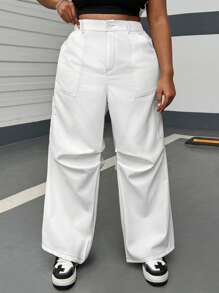 SHEIN EZwear Plus Size Women Solid Color Pleated Pockets Wide Leg Loose Casual Pants - Beige - View 3