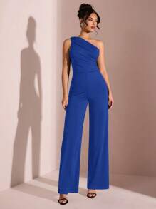 SHEIN BAE 夏日海滩度假优雅纯黑色不对称领露肩单肩连体裤，适合日常约会、夜间外出、夜总会、派对、聚会、鸡尾酒会、泳池派对、办公室穿着、通勤连体裤、度假连体裤 - 寶藍色 - 查看 5