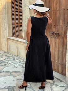 Franclia Plus Size Boho Sleeveless Bustline Waist Fitted Dress, Black Retro Elegant Gangster Wife Style Dress For Commuting And Casual Outings, For Summer