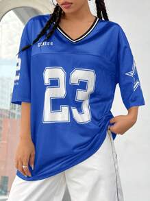 SHEIN EZwear 海军蓝女士数字印花运动球衣 T 恤 - 寶藍色 - 查看 7