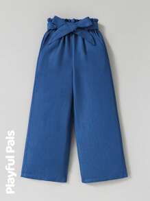 SHEIN 年轻女孩纯色打结腰阔腿宽松休闲牛仔裤 - 深色水洗藍 - 查看 1