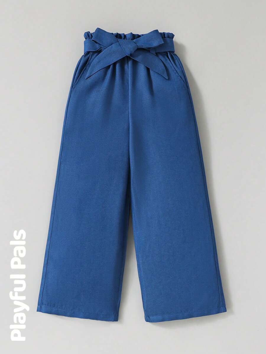 SHEIN 年轻女孩纯色打结腰阔腿宽松休闲牛仔裤 - 深色水洗藍 - 查看 1