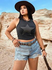SHEIN EZwear Plus Size Women Cropped Casual Vintage Star Pattern Slim Fit Sleeveless Top - Black - View 3