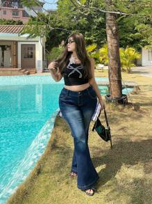 SHEIN MOD Plus Size Women Lace Splice Blue Denim Skinny Flare Legs Jeans