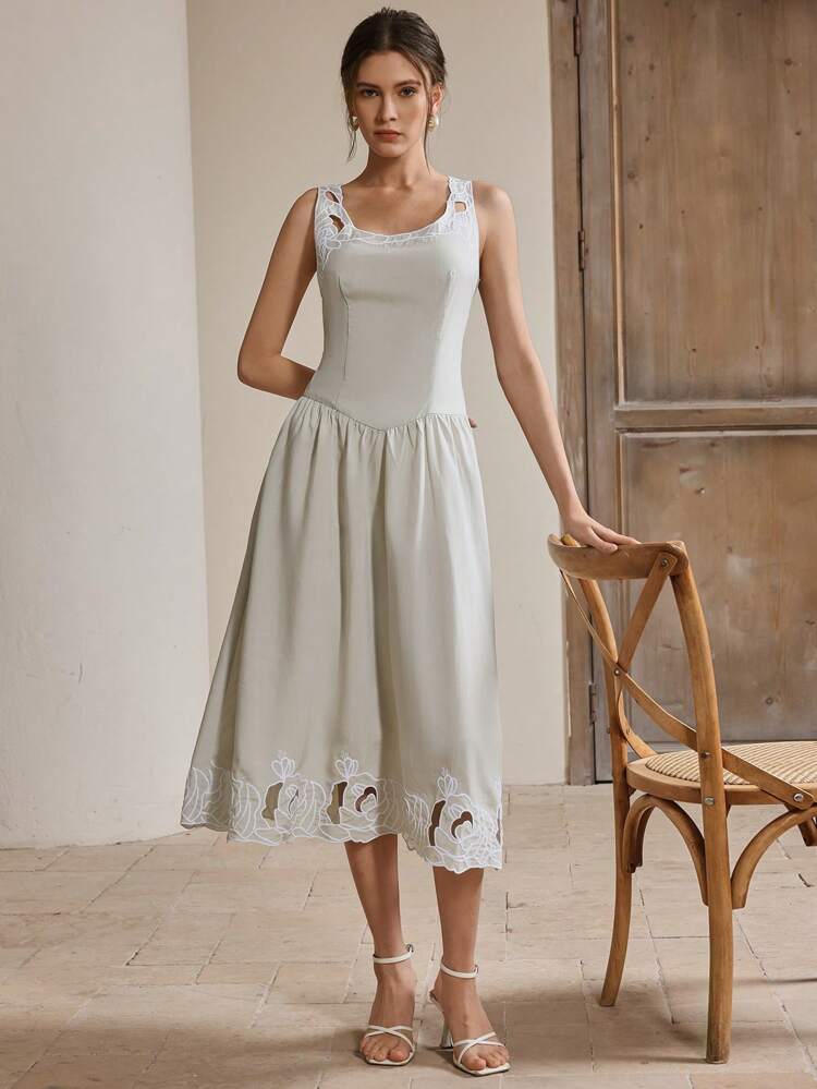 Ladies' Woven Heavy Craft Embroidered Sleeveless Dress Spring, Summer, Elegant, Vacation