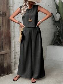 SHEIN LUNE Women's Simple Solid Color Sleeveless Vest And Long Pants Two-Piece Set - Black - View 7