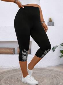 SHEIN LUNE Plus Size Women Floral Print Elastic Waist Casual Cropped Leggings