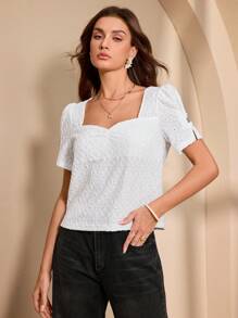 Chiquease Women's Elegant Rhinestone Collar Jacquard T-Shirt, Minimalist Fashion Casual Everyday Wear - White - View 3