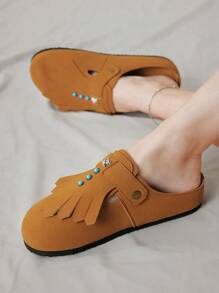 Solecia Women Daily Casual Flats With Buckle Design Patchwork Tassel, Comfortable Walking Shoes Spring Shoes Spring Break Easter - Brown - View 2