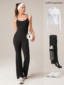 GLOWMODE 30" Modal Flex It Flare-Leg Double Strap Active Jumpsuit Bodysuit With Side Pockets Low Impact Yoga Daily Casual Removable Cups Spring Summer - Black - View 8