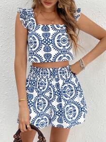 SHEIN Frenchy 2 Pieces Floral Print Casual Halter Top & Shorts Suit For Women