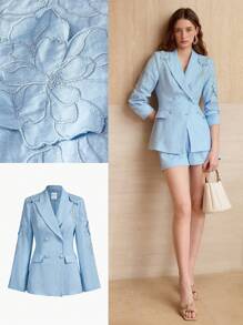 MOTF PREMIUM LINEN EMBROIDERED FLORAL DOUBLE BUTTON BLAZER,SPRING/SUMMER - Blue - View 10