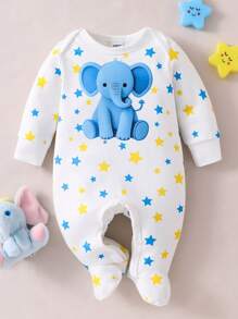 SHEIN Infant & Toddler Boys' White Base Cute Blue Elephant Print Long Sleeve Footed Jumpsuit, Loungewear - White - View 3