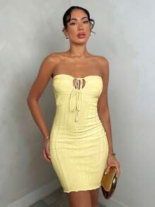 Glamine Vestido de suéter ajustado de canalé con corbata de lazo en la cintura, elegante, para mujer, primavera/verano