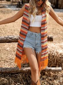 LanaWest Summer Bohemian Fringe Hem Sleeveless Casual Vacation Thin Jacket - Multicolor - View 3