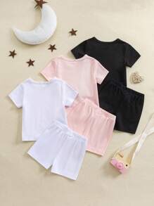 3-Piece Baby Girl Spring/Summer Knit Round Neck Short Sleeve Top And Shorts Outfit Set, Multi-Color Combination Home Wear - Multicolor - View 2