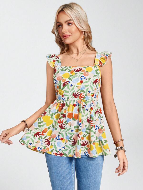SHEIN LUNE Femei cu imprimeu floral, cu gât pătrat, talie, cu mâneci cu șapcă, primăvară/vară