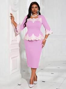 Fleurora Top y falda de talla grande elegante para otoño e invierno, el nuevo año y fiestas, de punto con cuello cuadrado, lápiz, contraste de encaje y volantes en el cuello, manga tres cuartos, color púrpura