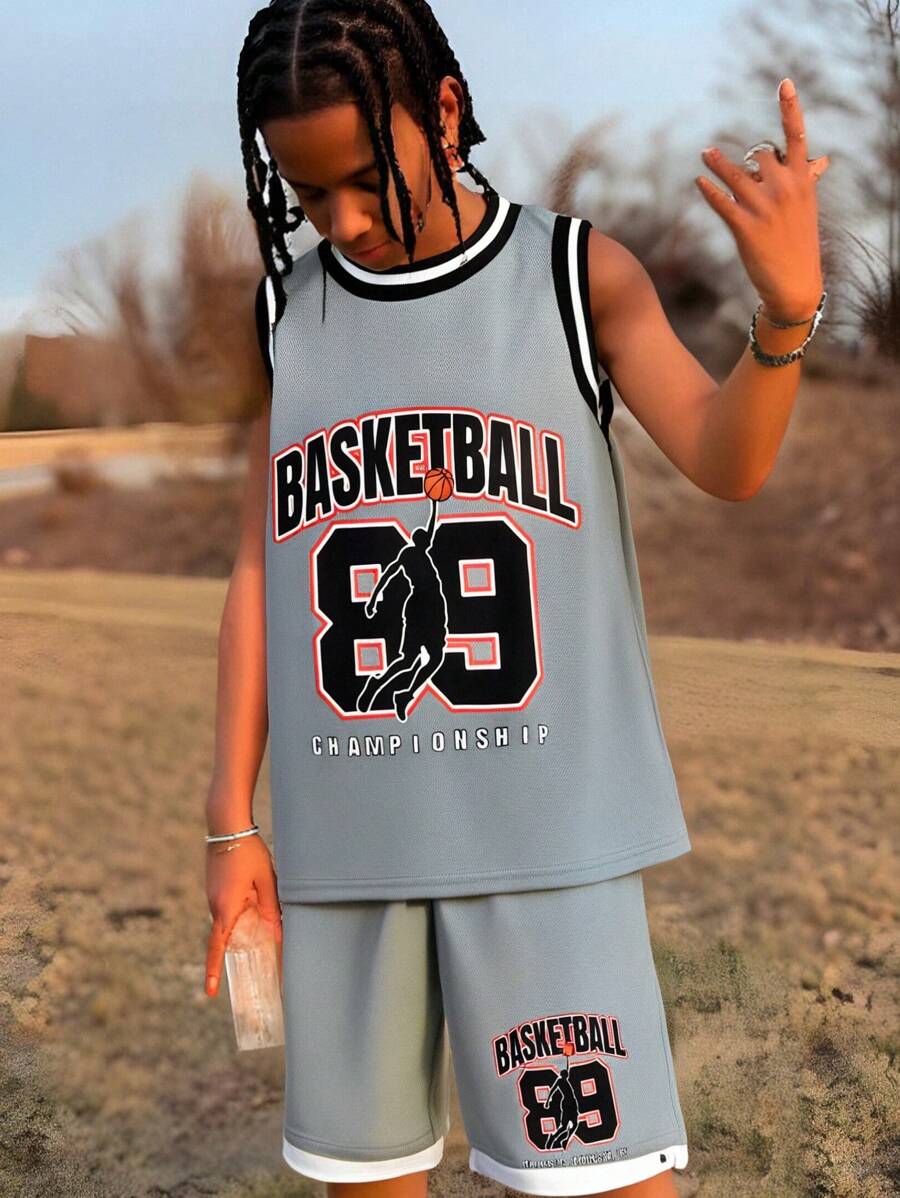 SHEIN Tween Boy Letter Printed Vest Shorts Two-Piece Set, School, Campus, College - Grey - View 1