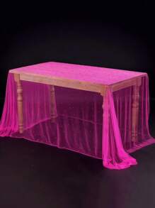 1pc 160*100cm Rose Red Faux Pearl Decorative Tulle Table Runner, Wedding Transparent Tulle Tablecloth, Wedding Arch Decoration Reception Bridal Shower, Party Decoration, Chair Decoration, Event Backdrop Wall Decoration, Valentine's Day