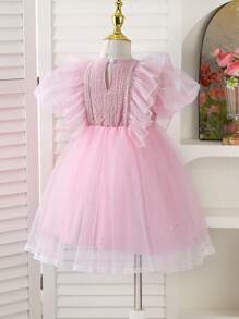 1 Stück Kleinkind Mädchen Mode elegantes, süßes, niedliches Rüschen Jacquard Mesh Puffärmel Kurzarm Pink Peplum Kleid, geeignet für Gastgeber, Aufführungen, Partys und weitere Anlässe - Pink - Übersicht 2