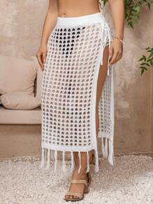 SHEIN Swim Curve Plus Size Ladies Beach Resort Style Drawstring Tassel Hollow Out Skirt For Summer Beach Vacation - White - View 3