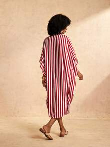 Slaydiva Vacation Casual Loose Long Design Red And White Striped Shirt Women's Dress-M - Red and White - View 5