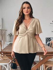 SHEIN MOOSTA 大码纯色扭结短袖休闲衬衫 - 杏色 - 查看 4