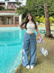 SHEIN MOD Blue Women's Plus Size Jeans Side Bow Elegant And Beautiful Straight Wide Leg Pants Movement Ballet Style Summer Jeans - Light Wash - View 6