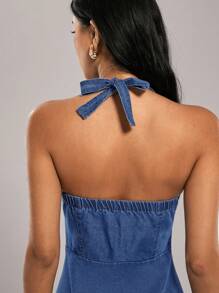 Forever 21 女士时尚性感前扣露背挂脖牛仔连衣裙 - 藍色 - 查看 7