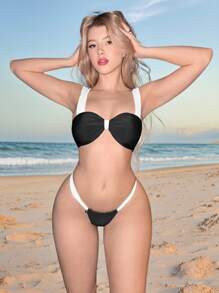 Sweetina Women Summer Beachwear Beach Women Outfits Contrast Color Black And White Sexy Bikini Bottom,Vacation Swimwear