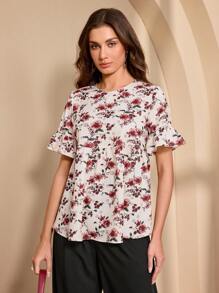 Almamuse 女式休闲印花荷叶边下摆衬衫 - 杏色 - 查看 6