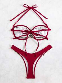 Swim SXY 2 件套随机印花性感系带分体比基尼上衣和豹纹拼布纯色丁字裤女式泳衣 - 酒紅色 - 查看 2