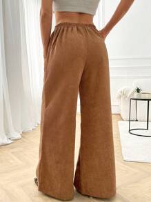 EURMUSE Women's Solid Color Casual Loose Corduroy Wide Leg Pants With Pockets - Camel - View 2
