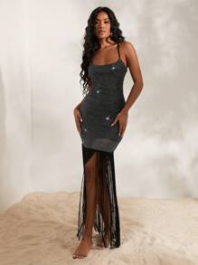 Opulessa 女士夏季度假海滩装波西米亚音乐节钩针纯色针织下摆流苏紧身吊带迷你连衣裙 - 黑色 - 查看 4