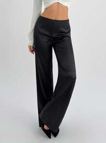SHEIN Tall Women Solid Color Satin Low Waist Wide Leg Pants - Black - View 3