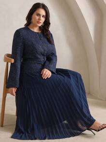 Anewsta Vestido de talla grande para mujer elegante para cita nocturna/fiesta, de manga larga, con parches y pliegues, falso de 2 piezas - Azul - Ver 4