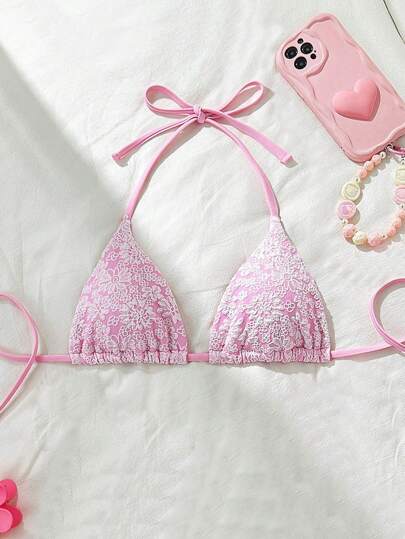 Swim Mod Pink Floral Textured Material Halter Neck Beach Vacation Bikini Top For Summer