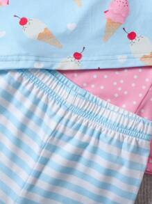 3pcs/Set Young Girl Toddler Round Neck Knit Vest With Ice Cream Print & Shorts, Multicolor Combination Innerwear Set For Spring/Summer