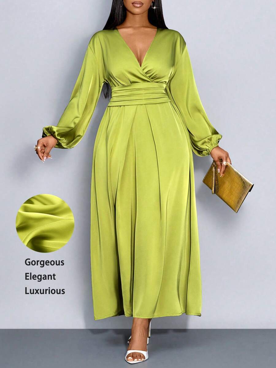 SOLERSUN Maweii Women's Elegant Solid Color Simple Daily Satin Dress With Pleated Design St. Patrick's Day, Tea Party Outfit - Green - View 1