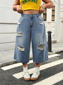 Flirla Plus Size Distressed Loose Fit Wide Leg Denim Jeans - Medium Wash - View 1
