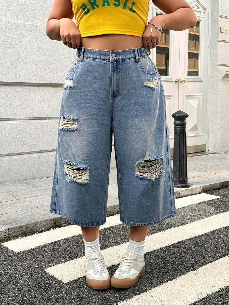 Flirla Plus Size Distressed Loose Fit Wide Leg Denim Jeans - Medium Wash - View 1