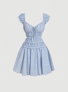 SHEIN MOD Striped Waist Ruched Vacation Mini Dress,Vacation Dress,Boho Style, Western, Holiday, Picnic, Beach,Valentines Clothes,Vacation Outfits Woman,Summer Outfits For Women,Beach Outfits For Woman,Mardi Gras,Valentines Dress,Rave Outfits Festival,Sun Dress - Blue and White - View 1