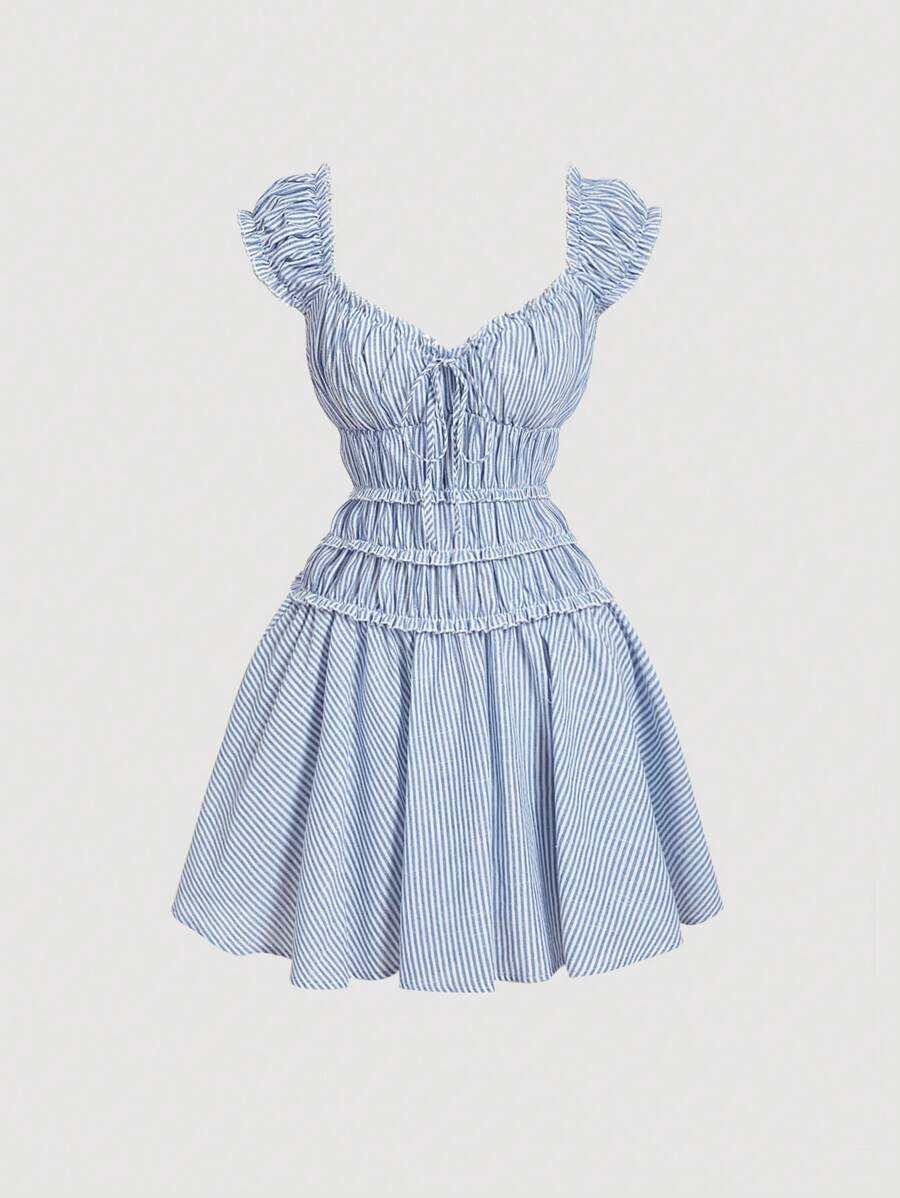 SHEIN MOD Striped Waist Ruched Vacation Mini Dress,Vacation Dress,Boho Style, Western, Holiday, Picnic, Beach,Valentines Clothes,Vacation Outfits Woman,Summer Outfits For Women,Beach Outfits For Woman,Mardi Gras,Valentines Dress,Rave Outfits Festival,Sun Dress - Blue and White - View 1