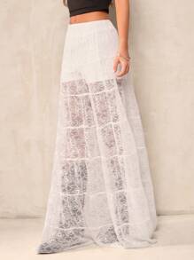 SHEIN BAE 女士白色纯色优雅蕾丝短裤、长款透明分层裙，适合与朋友共进早午餐、下午茶派对 - 春夏时尚、嬉皮士/狂欢节服装、春假装扮、街头装扮、沙滩装扮